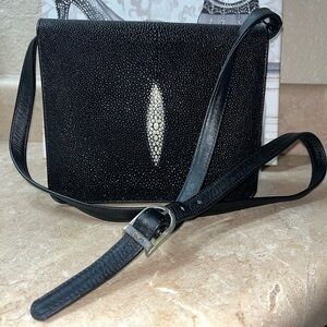 River Genuine Black White Stingray Leather Flap Clutch Crossbody Bag, NWT